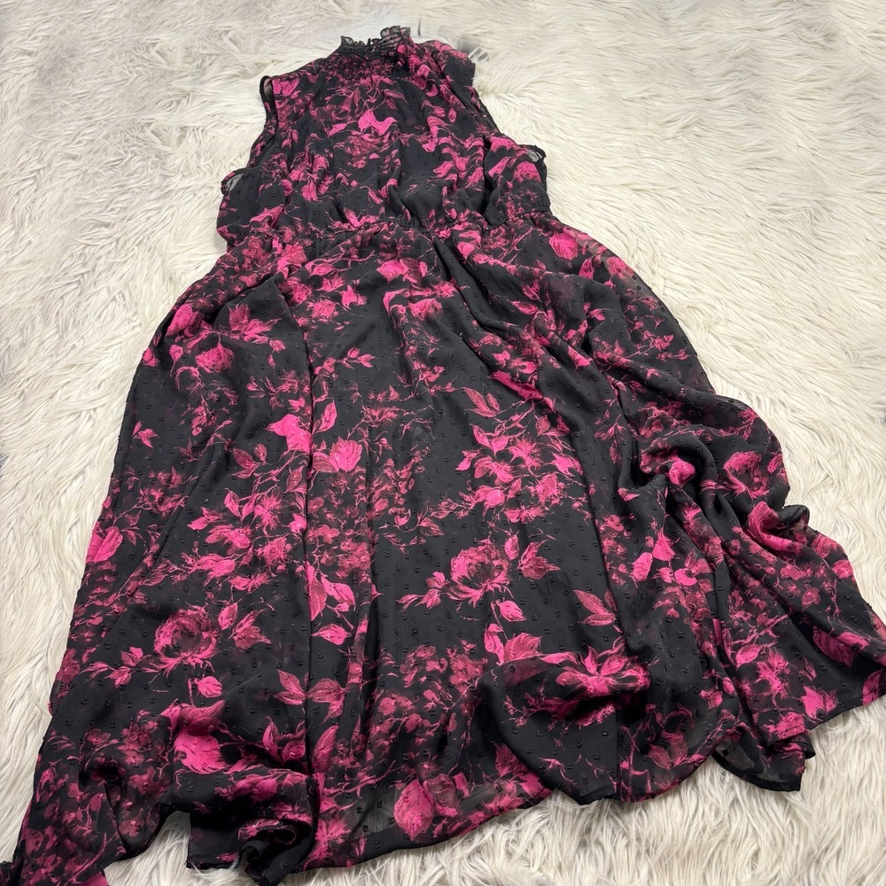 Torrid Women's 2X Black Pink Floral Midi Clip Dot Mock Neck Dress Romantic Goth